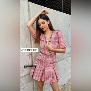 NWT Maje Renetia Tweed Puff-sleeve Minidress In Pink